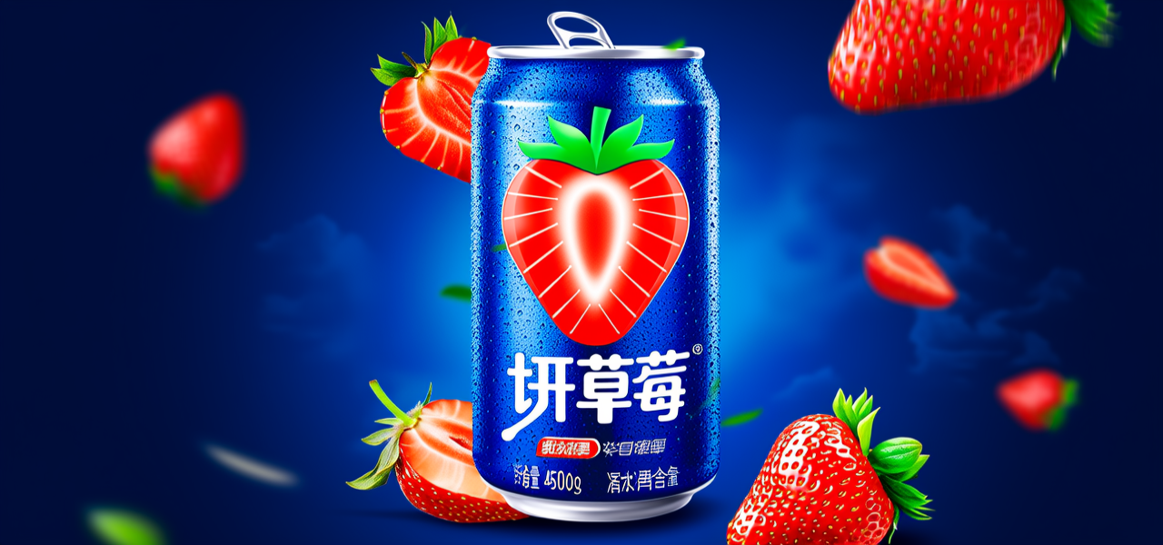 一幅逼真风格的广告宣传海报，一罐蓝色饮料，一个鲜明的切开草莓标志，饮料罐周围散落着几片水果，背景采用深蓝色的天空，细节真...